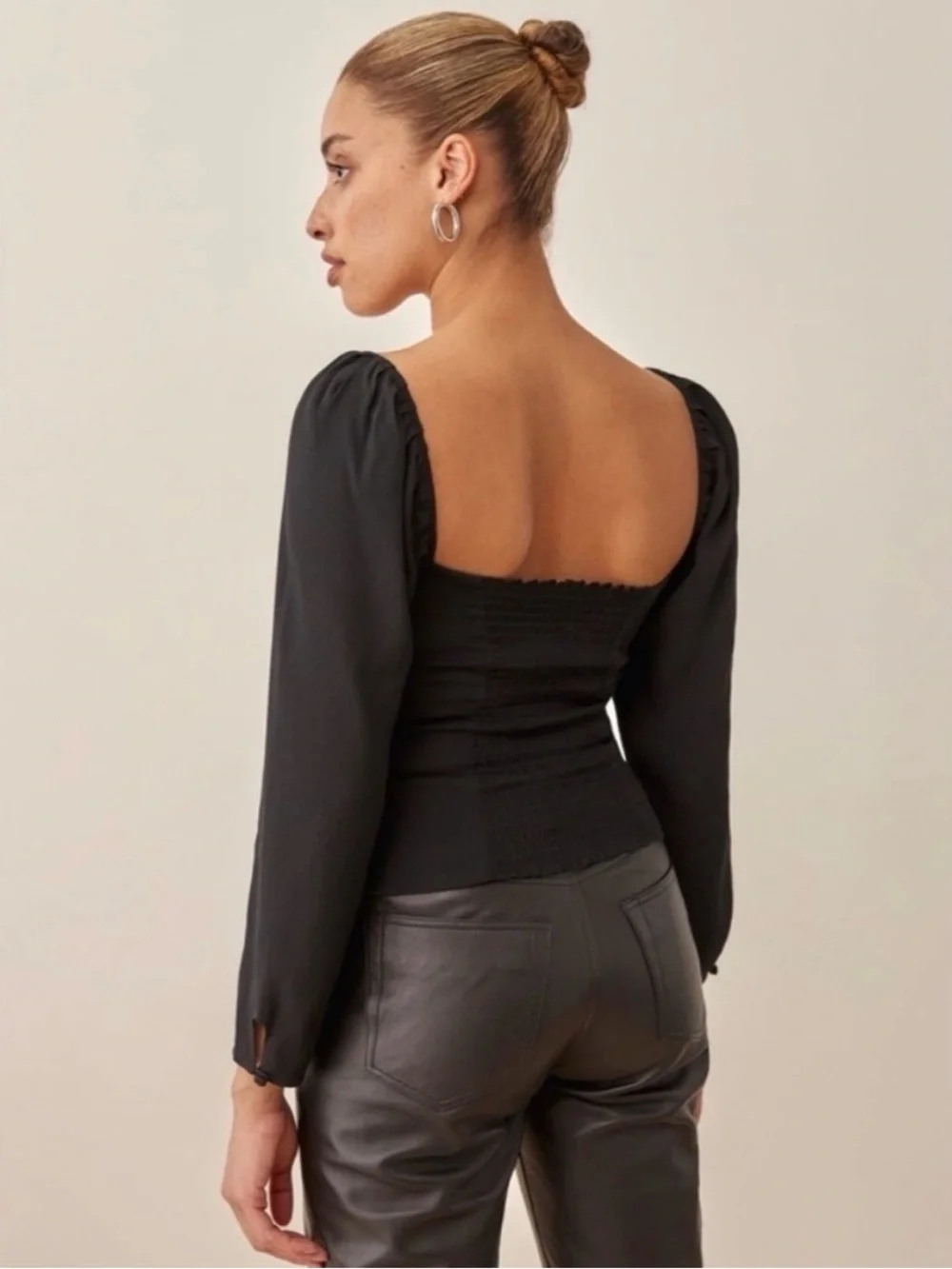 Reformation Black Puff-Sleeve Button-Up Blouse with Contrast Stitching